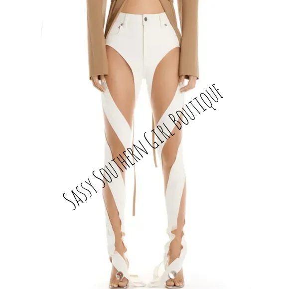 ⭐🆕MUGLER jeans ivory tan sheer panel mesh jeans